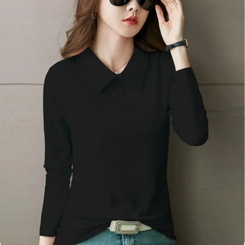 High Quality T-shirts 100℅ Cotton Female Tee Long Sleeve With Collar Korean Popular Clothes Basic Pretty Original Women\'s Polo