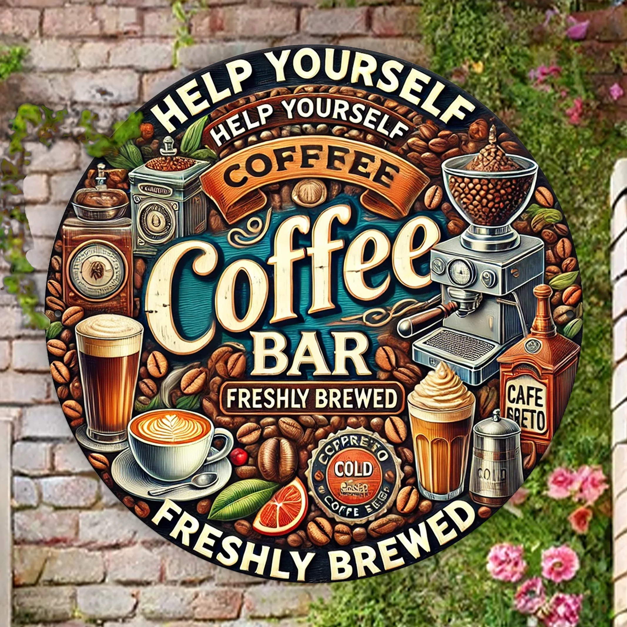 1-Pack Coffee Bar Sign - 8x8 Inch Round Aluminum Wall Decor with UV Protection and Scratch-Resistant Coating, Easy to Hang