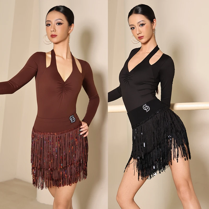 

Сексуальная одежда для латинских танцев чача с длинными рукавами, топ для латинских танцев, юбки с бахромой, женский костюм для соревнований по латинским танцам самбы DW10976