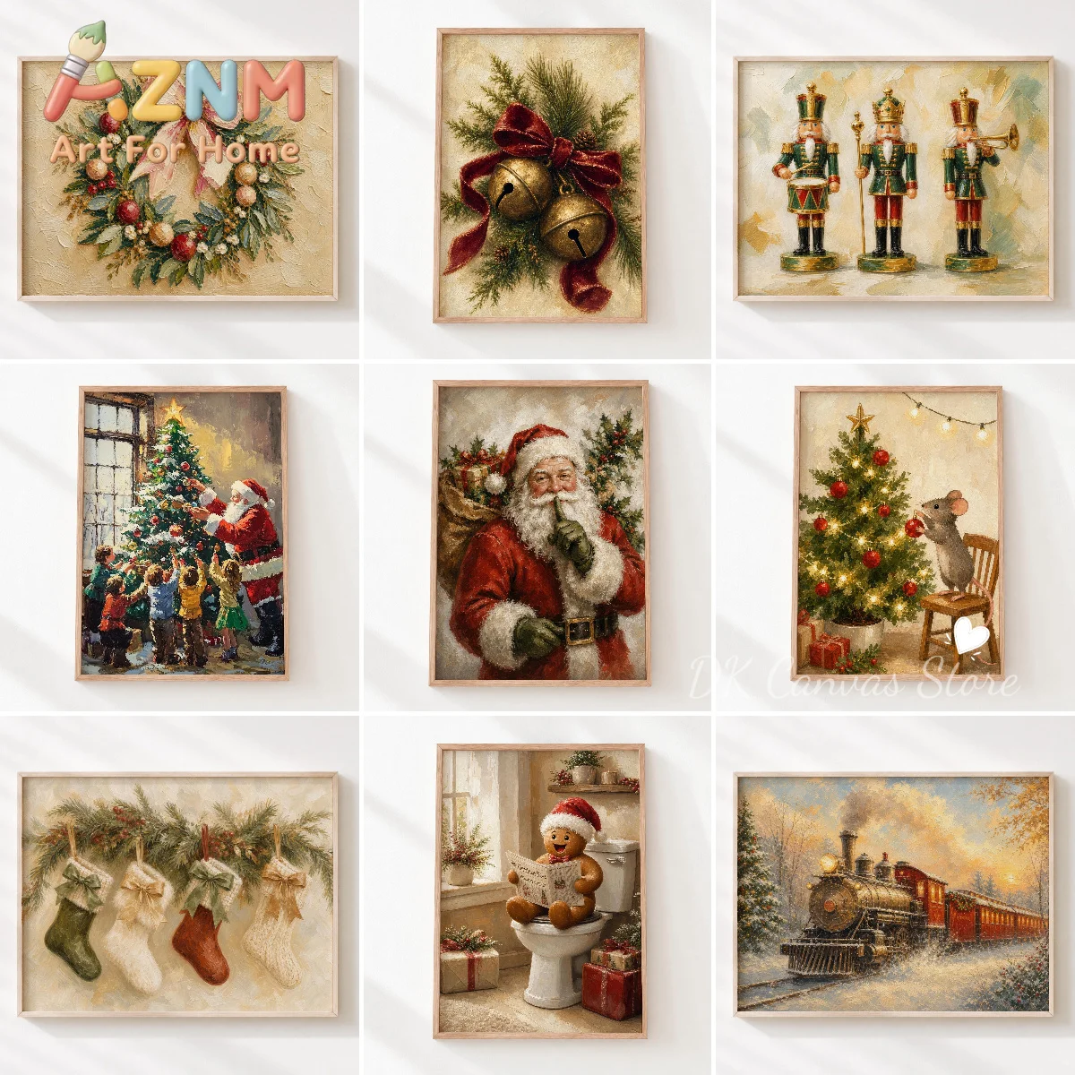 Vintage Winter Christmas Canvas Print Poster Santa Claus Christmas Tree Gingerbread Man Art Prints Holiday Wall Art Home Decor