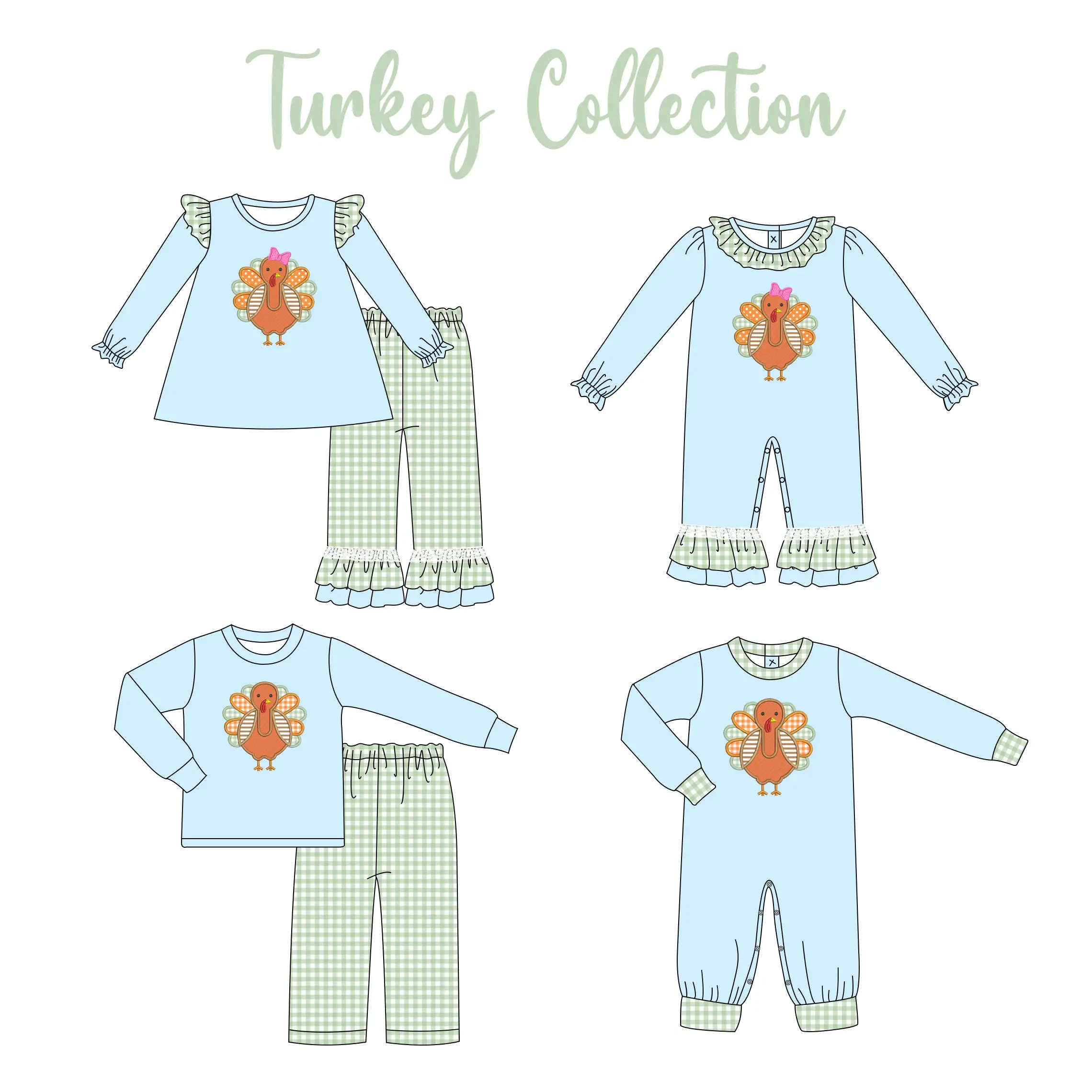 Wholesale Toddlers Boutique Clothes Cartoon Turkey Pattern Print Boys Girls Thanksgiving Outfits Bubble Romper Sisters Clothing