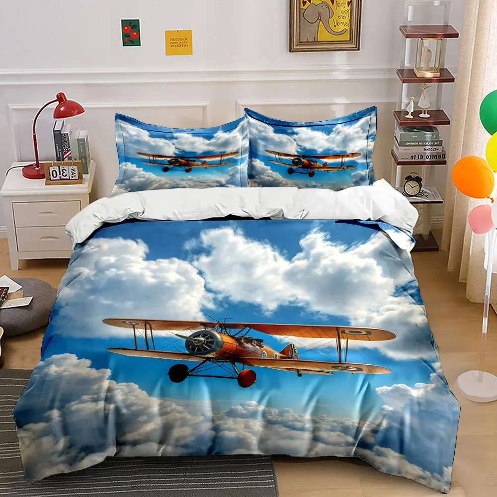 3pcs Vintage biplane soaring through sky Pattern Duvet Cover Set Digital Print Colorful Polyester Bedding with Zipper Closur