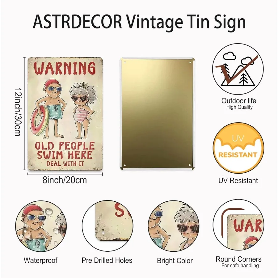 علامة حمام السباحة المعدنية المضحكة لكبار السن السباحة هنا ديكور جدار ريفي عتيق لفناء حمام السباحة علامة خارجية مضحكة مع تصميم قديم و