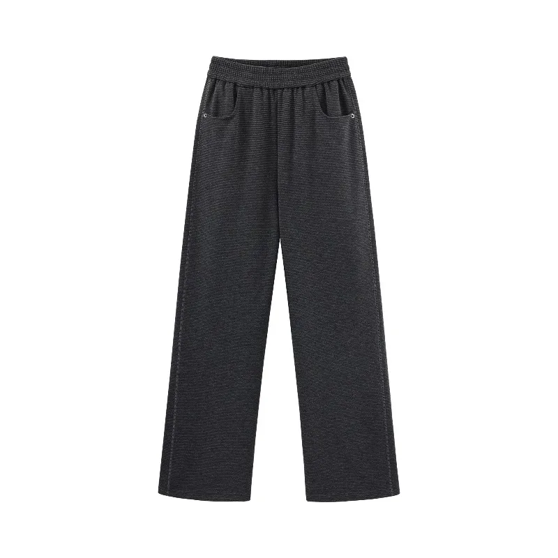 Gray Knit Pants Women Soft Loose Straight-Leg Trousers Lady Trendy Striped Casual Lounge Bottoms Comfy Draping Daily Outfits