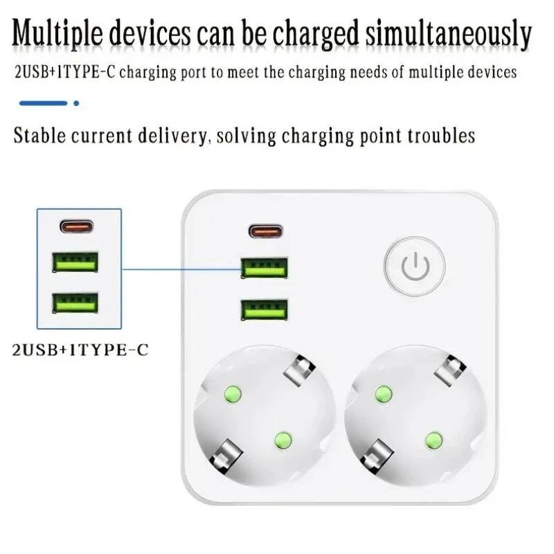 EU Plug Outlet 2 Sockets Multitap Wall Power Strip Electrical Socket No Extension Cord with 2 USB 1 Type-C Ports 2500W MAX Power
