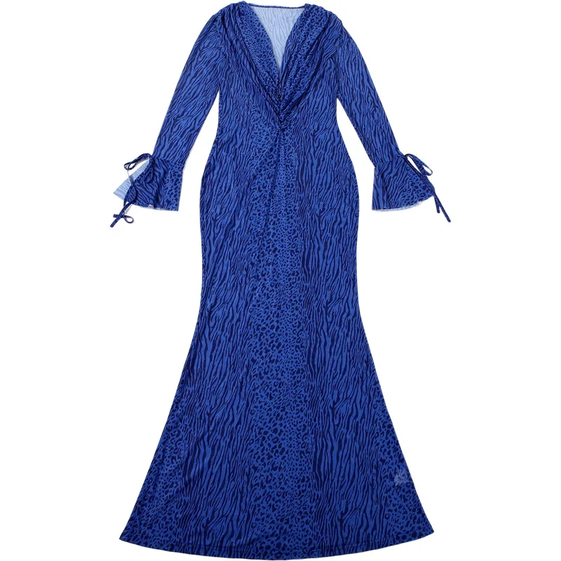 فستان حفلة موسيقية أزرق بطبعة الفهد مثير بياقة على شكل V وأكمام طويلة وغمد طويل لحفلات الزفاف فستان رسمي غير رسمي لحفلات الزفاف وأعياد الميلاد