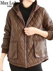 Max Lulu Marke 2023 Winter Kapuze Pu Jacken Damen Vintage warme Freizeit mäntel Damen lose Kunstleder Vintage Biker Oberbekleidung