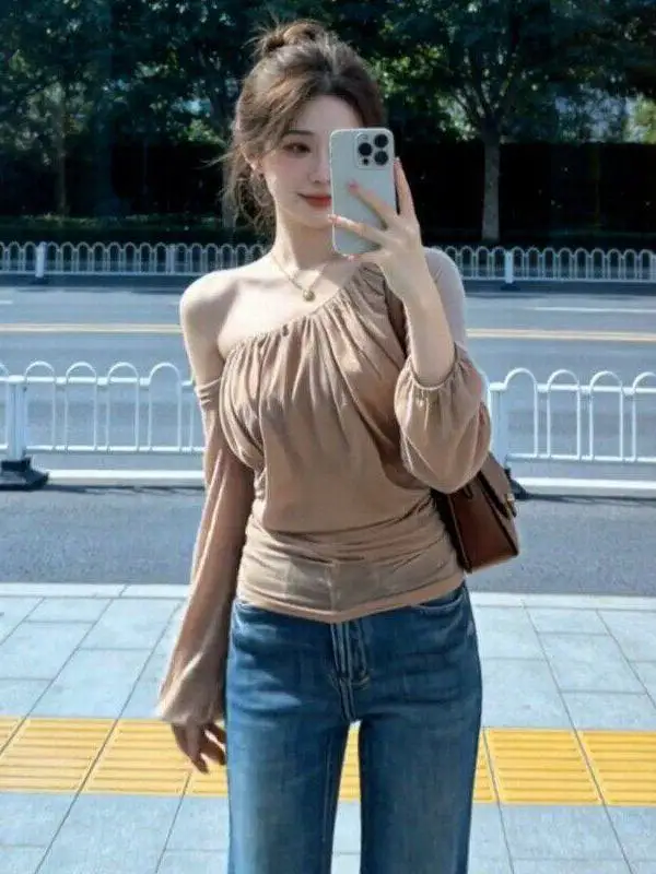 

Retro American Long Sve irt Women's Slim Fit oulder Pleated Spring New Design Versatile Slimming Personali Top