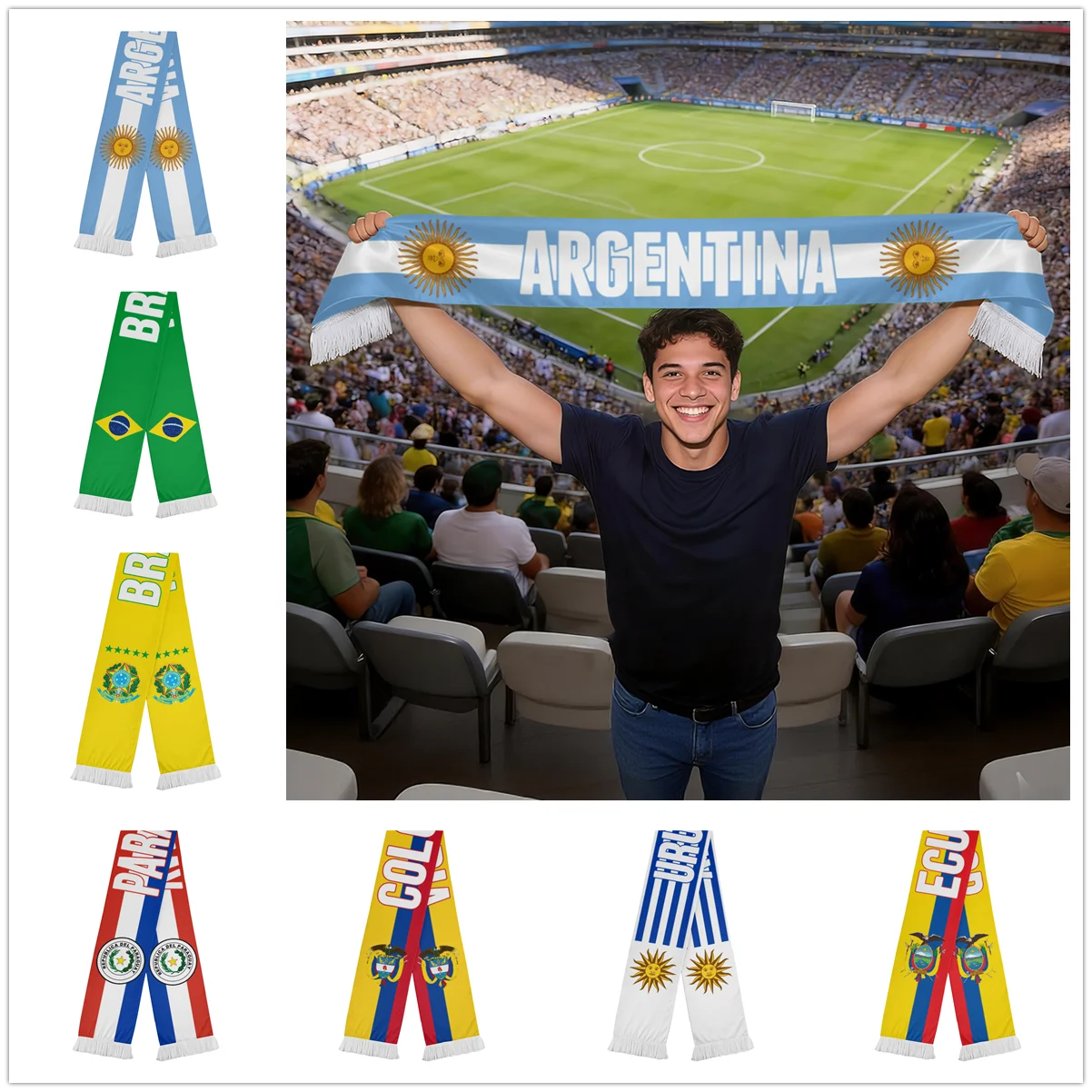 Bufanda para Fanáticos del Fútbol con Bandera de Argentina, Brasil, Colombia, Ecuador, Paraguay, Uruguay, Sudáfrica, Nueva Zelanda