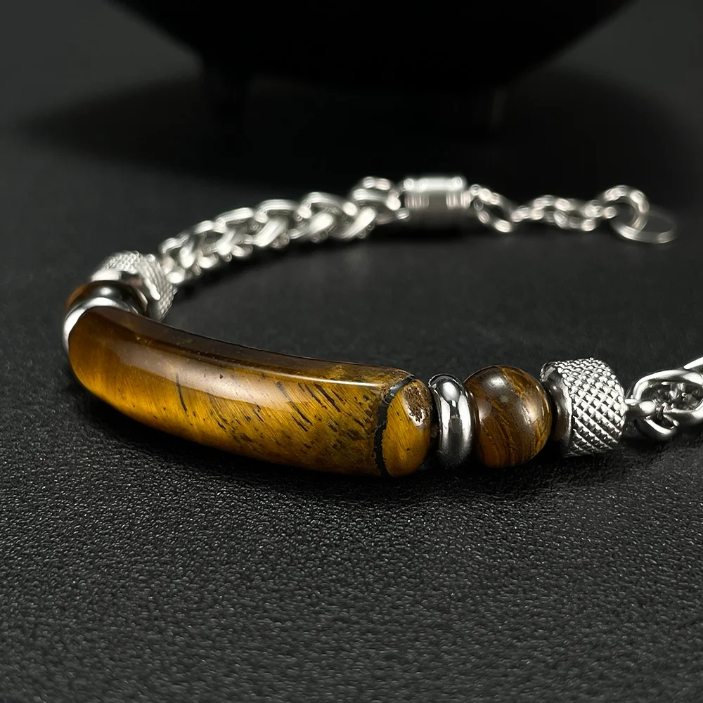 Luxury Charm Men\'s Bracelet Natural Stone Twist Chain Yellow Tiger Eye Stone Bead Bangle Vintage Men\'s Jewelry Wristband Gift