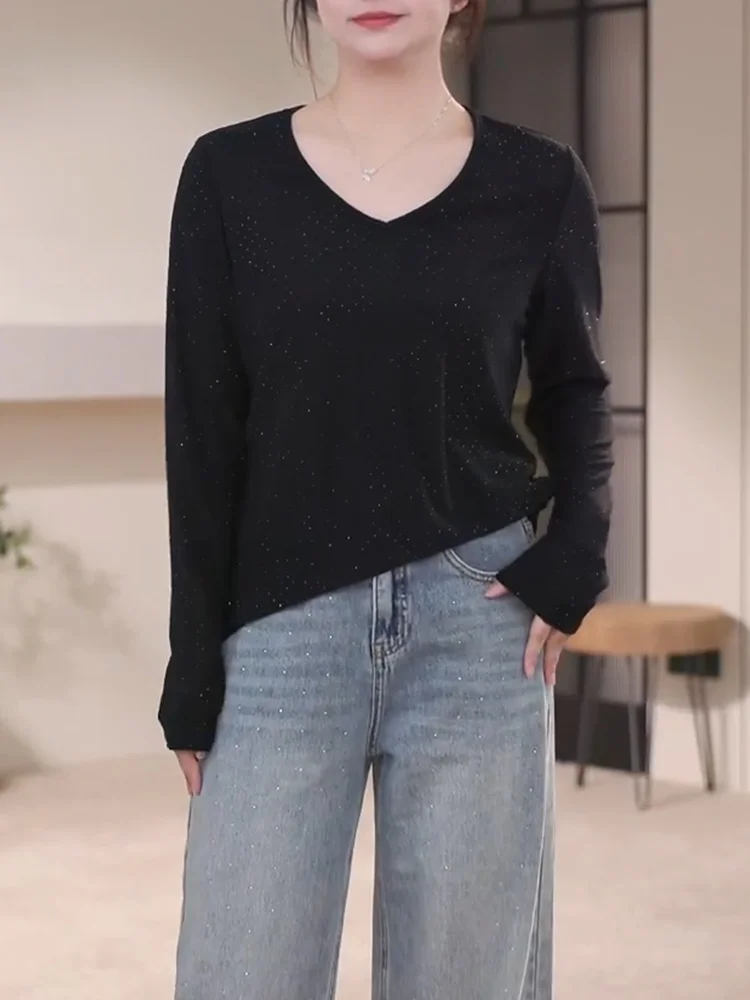 

Женская блузка больших размеров с V-образным вырезом и пайетками, модный облегающий топ, базовая одежда, повседневная модель с длинным рукавом, осенняя коллекция