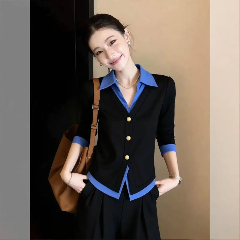 

Spring 2026 Women's Color Block Fake Two-Piece Shirt Long Sleeve Turn-down Collar Luxury Sensation Top Outerwear