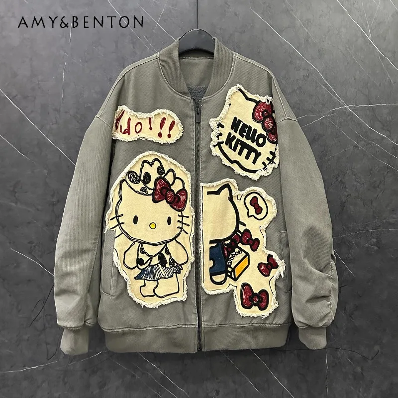 

Осень-зима 2025 г., флисовая бейсбольная куртка для тяжелой промышленности с героями мультфильмов для женщин, свободное повседневное пальто, верхняя одежда на молнии с длинными рукавами