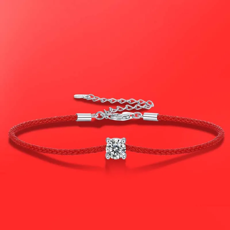 925 Sterling Silver 0.5ct D VVS Moissanite Red Rope Bracelet with for Women Fine Jewelry Wedding Engagement Party Christmas Gift