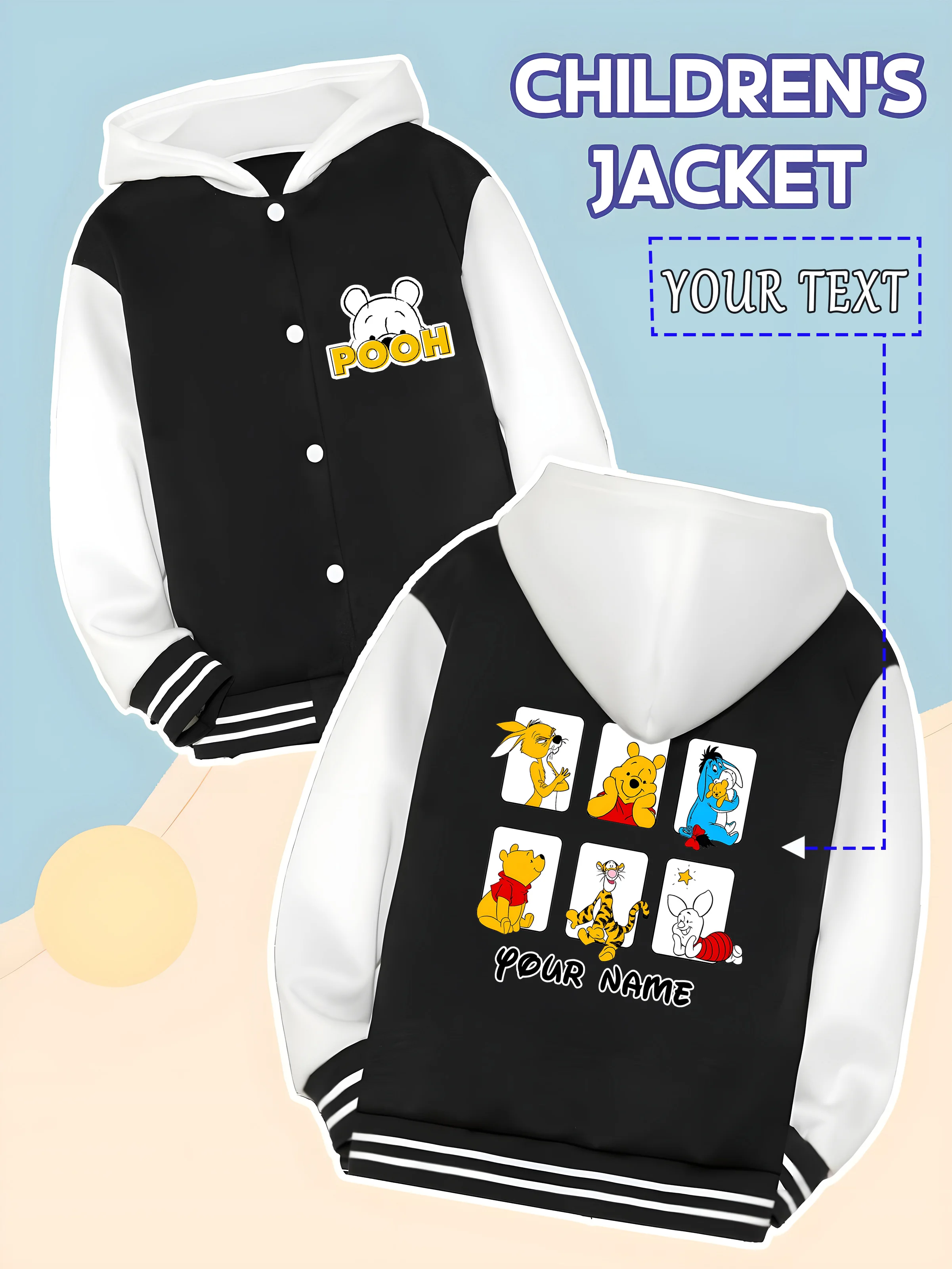 

MINISO Disney Winnie the Pooh Tigger Boys Baseball Jacket - Cute design with customizable name tag. The black and white basebal