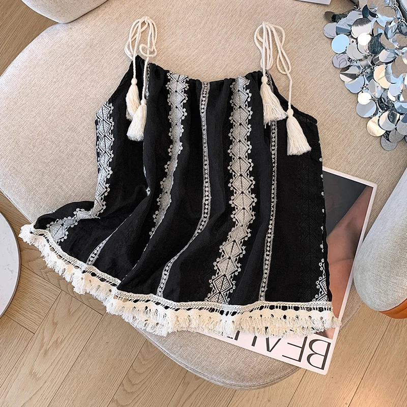 Summer Embroidered Sleeveless Camisole For Women Vintage Tassel Casual Loose Vests Fashion Beach Vacation Style Female Tops