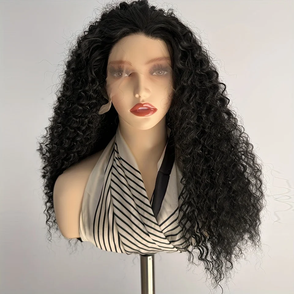 

Kinky Curly Synthetic Lace Front Wig For Women 13X1 Black Color T Part Lace Wig Synthetic Wigs Daily Wear Peluca