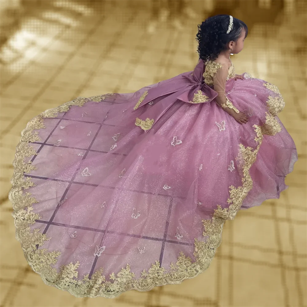 Appliqued Flower Girl Dresses Full Sleeves Princess Pageant Dress Kids Long Party Gown First Holy Communionon Dresses