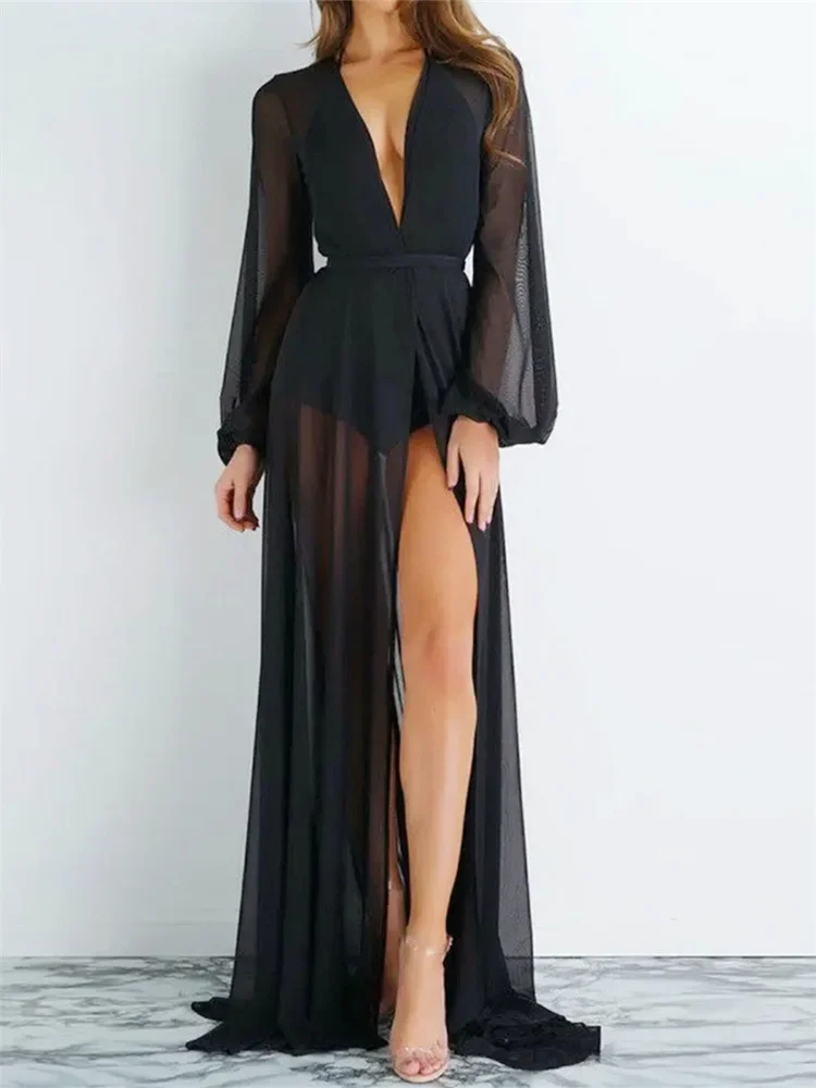 Women Bikini Cover-ups Solid Color Mesh Sheer Beach Long Dress See Through Cardigan Sexy Swimwear Cover Up Pareo Summer Fall