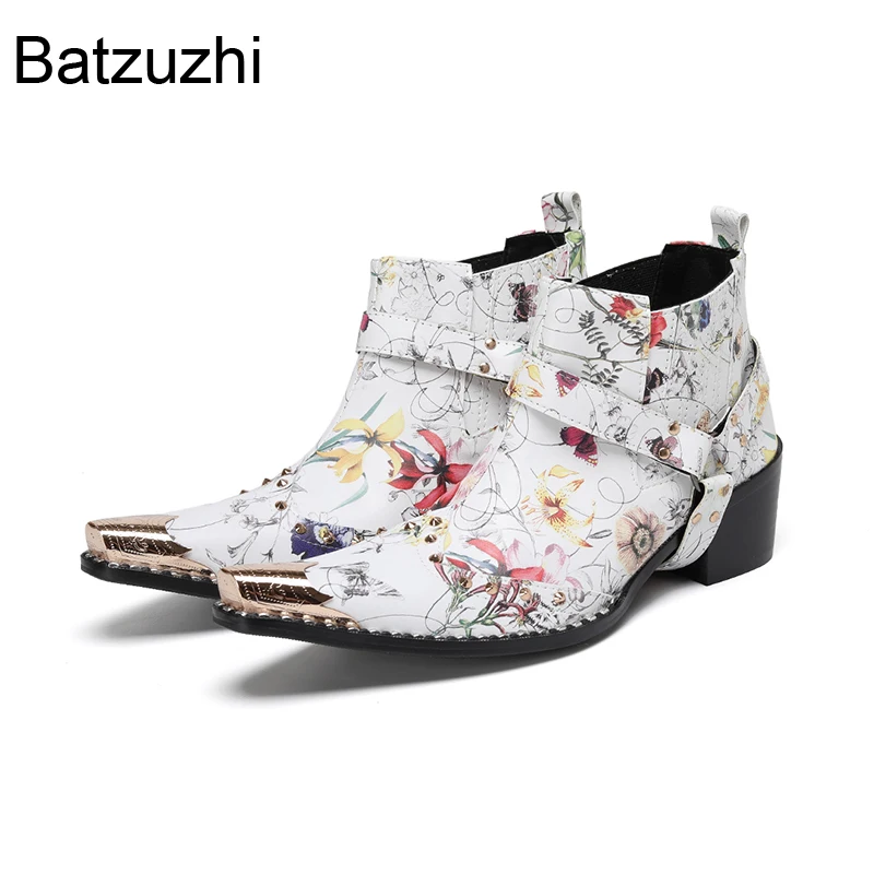 Batzuzhi Cowboy Men's Boots Pointed Toes White Leather Print Flowers Ankle Boots Man Slip on Party Boots 6.5cm Heels!
