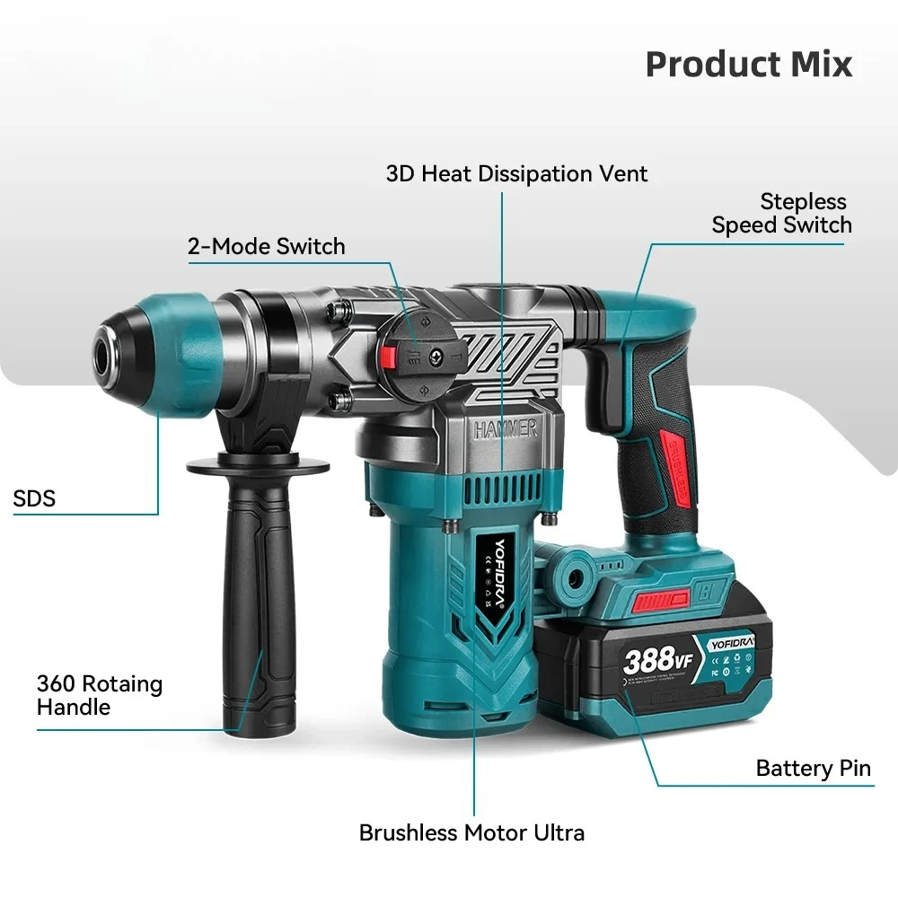 26MM Brushless Electric Hammer Impact Drill Multifunctional Cordless Screwdriver Rotary Tool For Makita 18V Battery pin