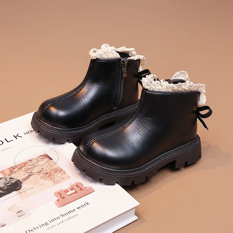 New Fall Winter Baby Girls Boots PU Leather Lace Ruffled Topline Toddler Short Boots for Kids Girl Bow-tie Autumn Princess Shoes