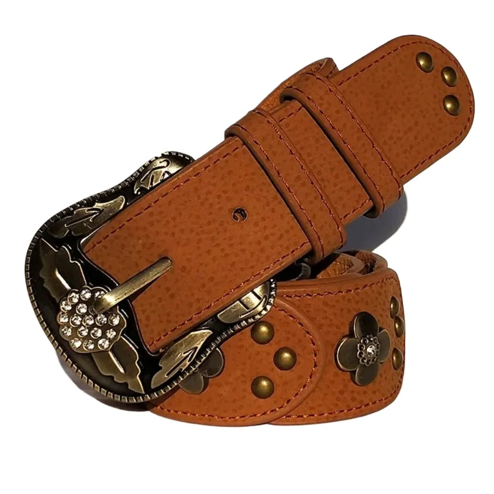 Brown Womens Belts Genuine Leather Pigskin Cow Belt Patchwork Rhinestone Vintage Rivet Alloy Pin Buckle Belt Female Black Coffee