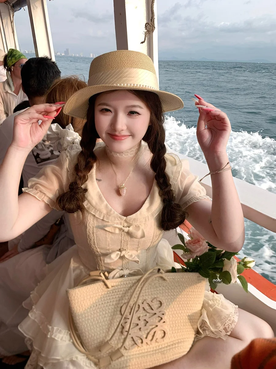 

Sweet Princess Style Puffy Skirt Maxi Dress Heavy Embellishment Waist Cinching Large Flounce Buxom Women Fashion Spring