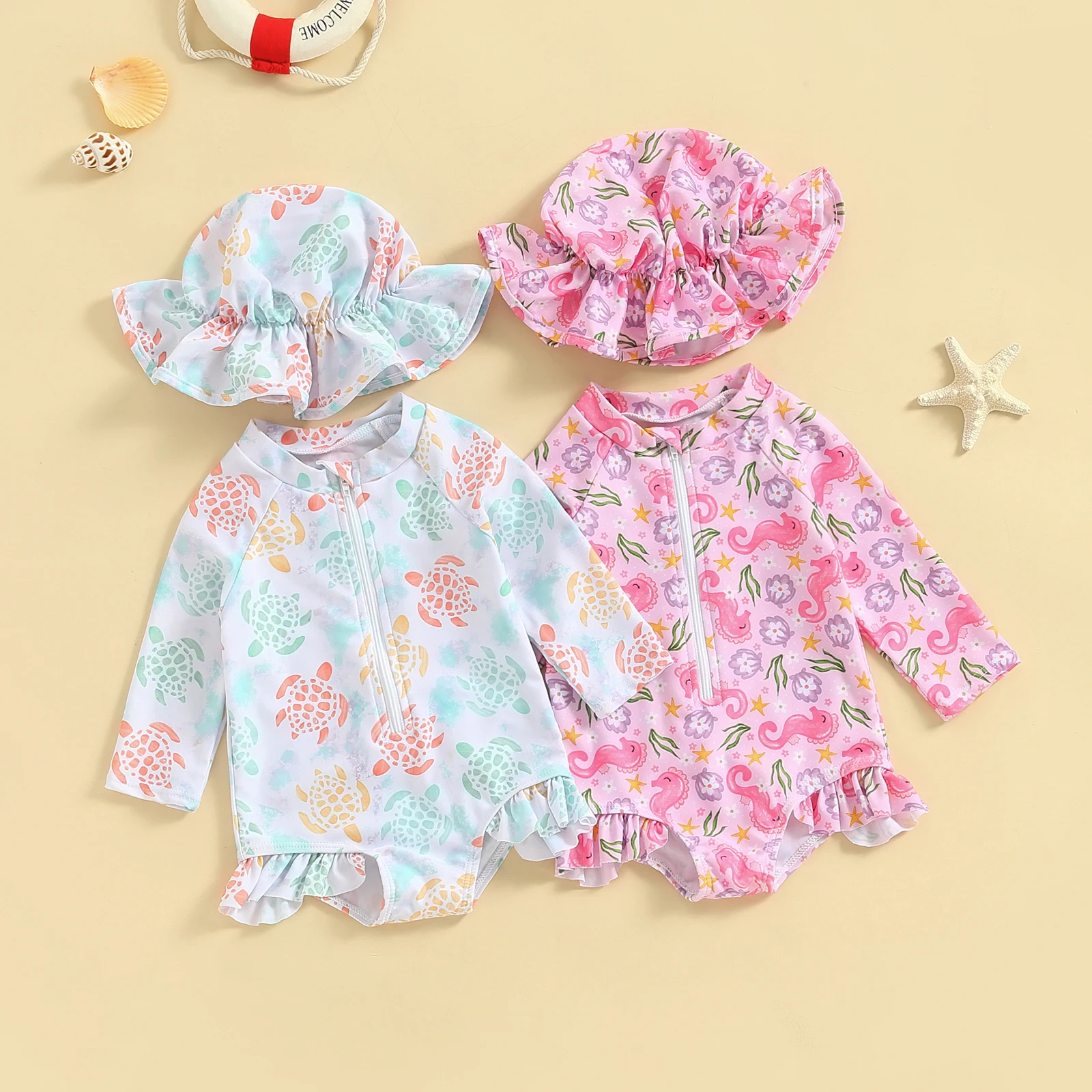 Toddler Girls Swimming Clothes Beach Swimwear Long Sleeve Seahorse/Turtle Print Romper Bathing Suit with Hat 2 Pieces Set