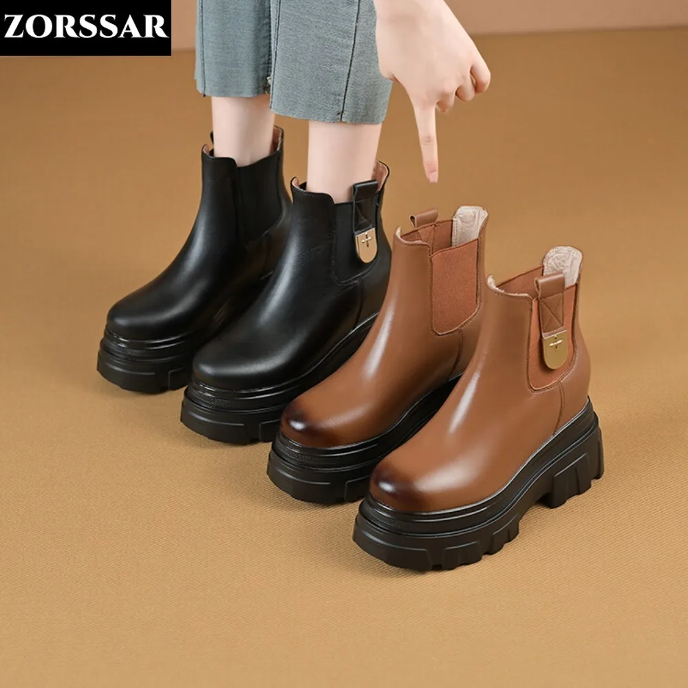 

Cow Leather Round Toe Zipper Wedges Ankle Boots Ladies Winter Plush Snow Boots Wedge Shoes Height Increasing Casual Pumps Shoes