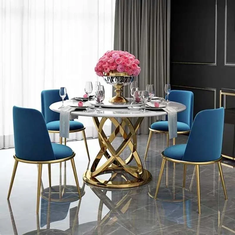 Marble Round Kitchen & Dining Table Set With 4 -6 Dining Chairs Round Marble Top Restaurant Tables With Gold Steel Frame