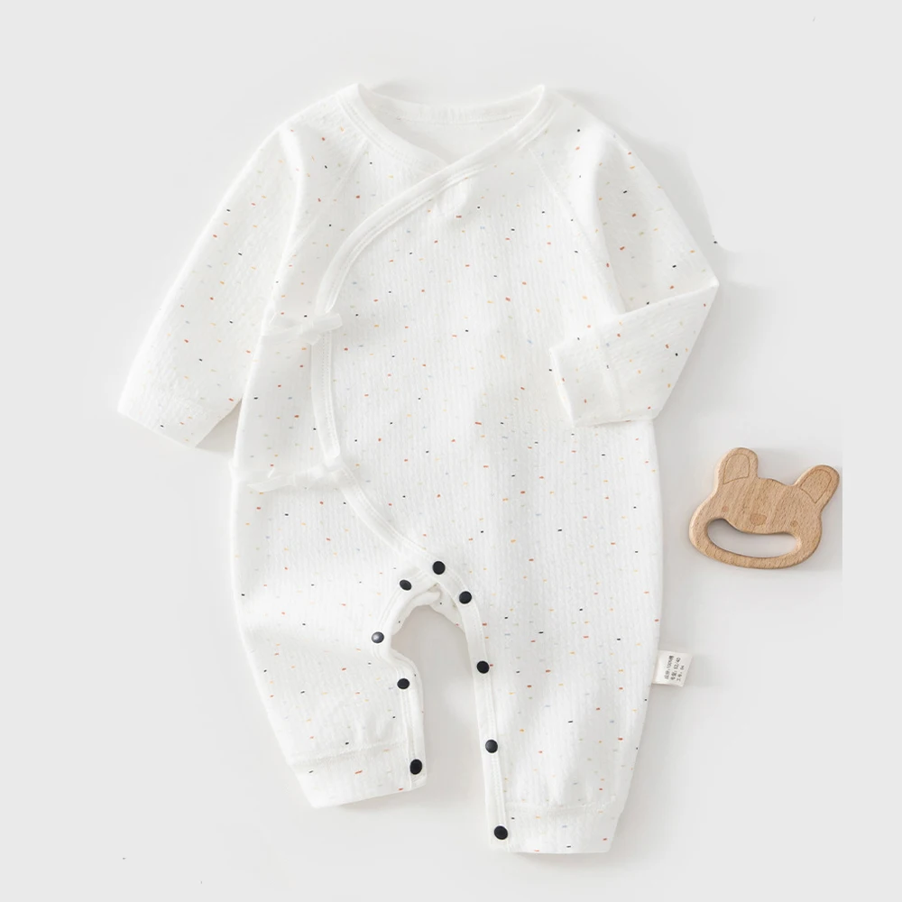 Newborn Baby Spring and Autumn New Long-Sleeved Pure Cotton Jumpsuit for Male and Female Babies with Side-Buttoned Tie-Up Butterfly Clothing