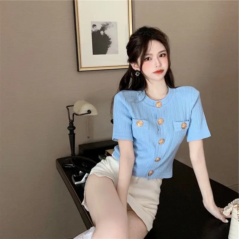 Women Clothing Vintage Fashion All-match Knit Cardigan Summer Elegant O-neck False Pocket Button T-shirt Solid Short Sleeve Tops