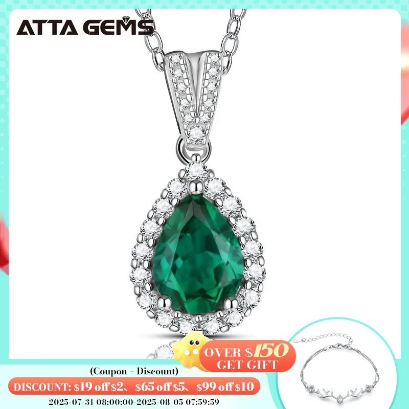 

ATTAGEMS 925 Sterling Silver Emerald Created Moissanite Diamonds Gemstone Pear Cut Pendant Necklace Engagement Fine Jewelry