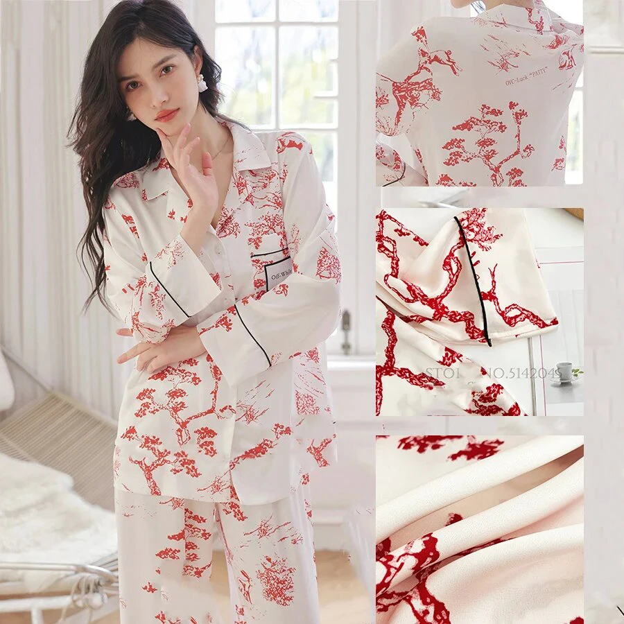 Chinese Style Female Pajamas Set Loungewear Elegant Print Sleepwear Trouser Pijamas Suit Spring Summer Satin Nightwear Home Wear