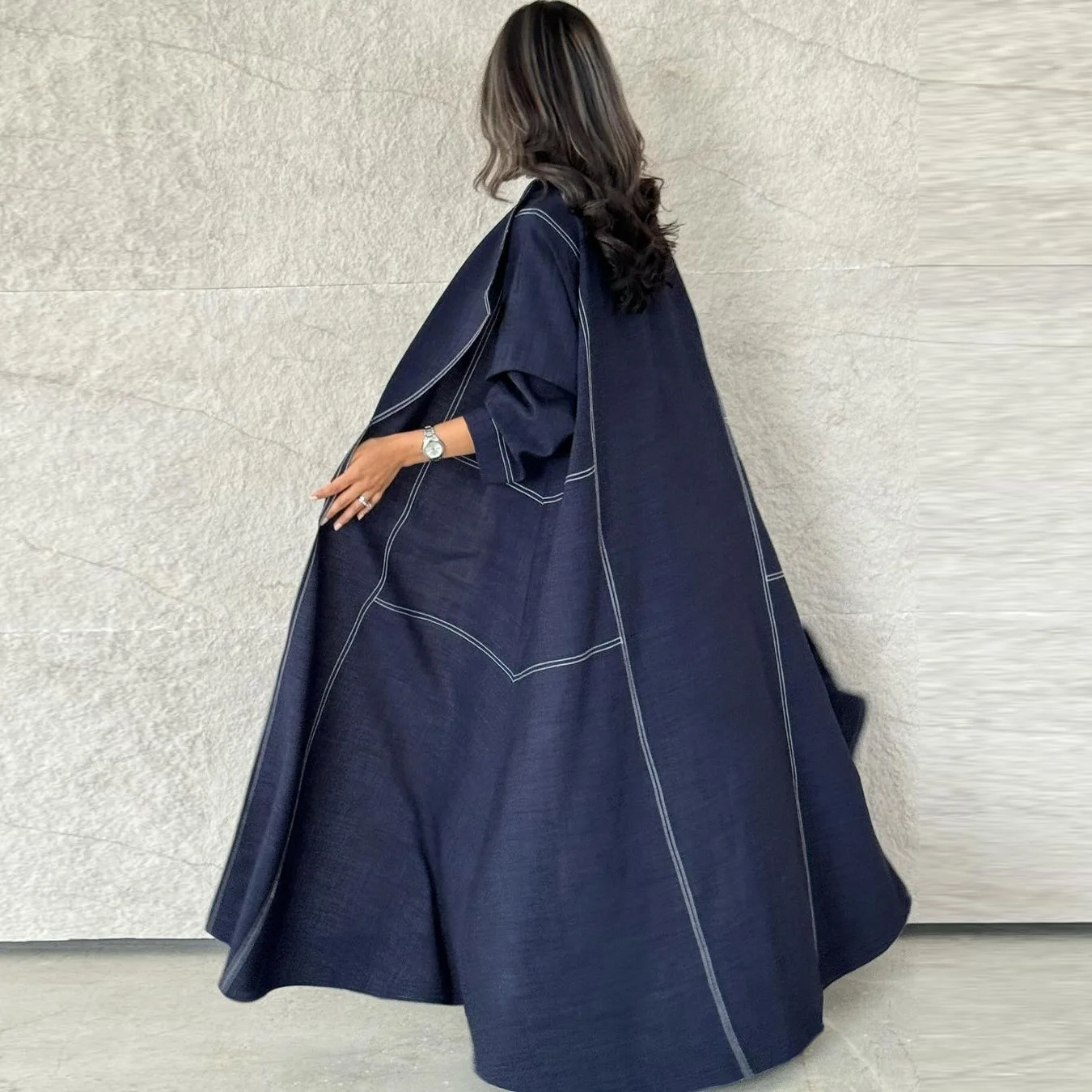 2024 New Islamic Ladies Fashion Long Sleeve Navy Blue Open Abaya Dress Dubai Turkey Long Dress for Women Muslim Dress