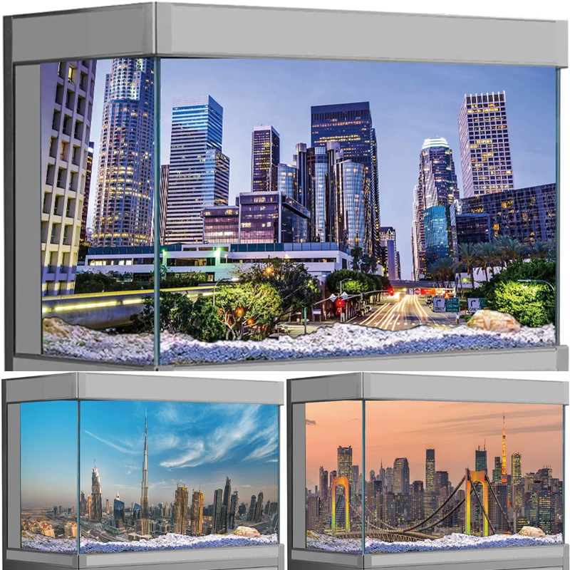 

3D City Skyline Fish Tank Sticker LA Dubai Cityscape Aquarium Background Decal Self-adhesive Removable Home Fish Tank Decor