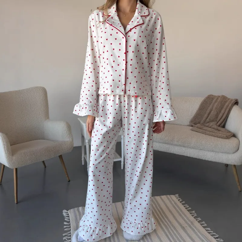 2026 Spring Summer New Women's Heart Print Long Sleeve Pajama Set Loose Fitting Home Wear Floral Cozy Cotton Two Pieces L Size