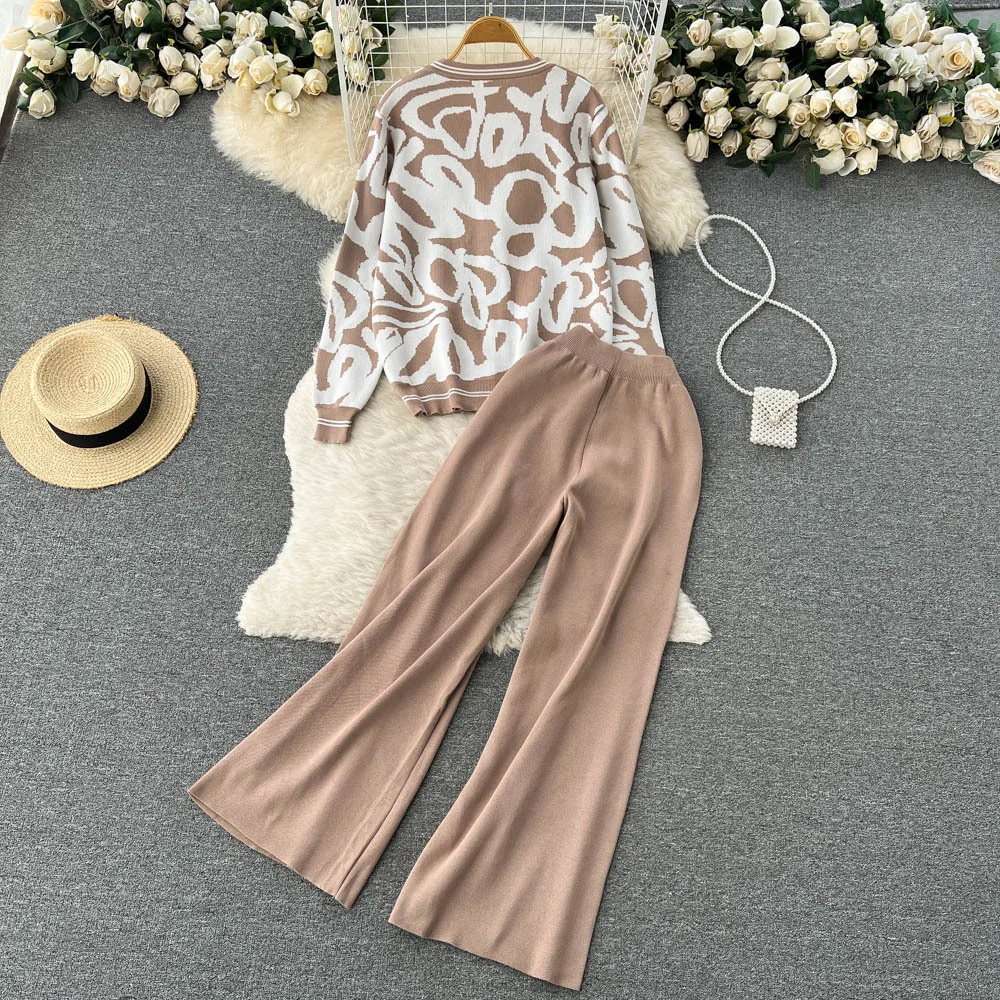 Knitted Two Piece Set Women Autumn Winter Printed Long Sleeve Cardigan Jacket High Waisted Straight Leg Long Pants Tracksuits