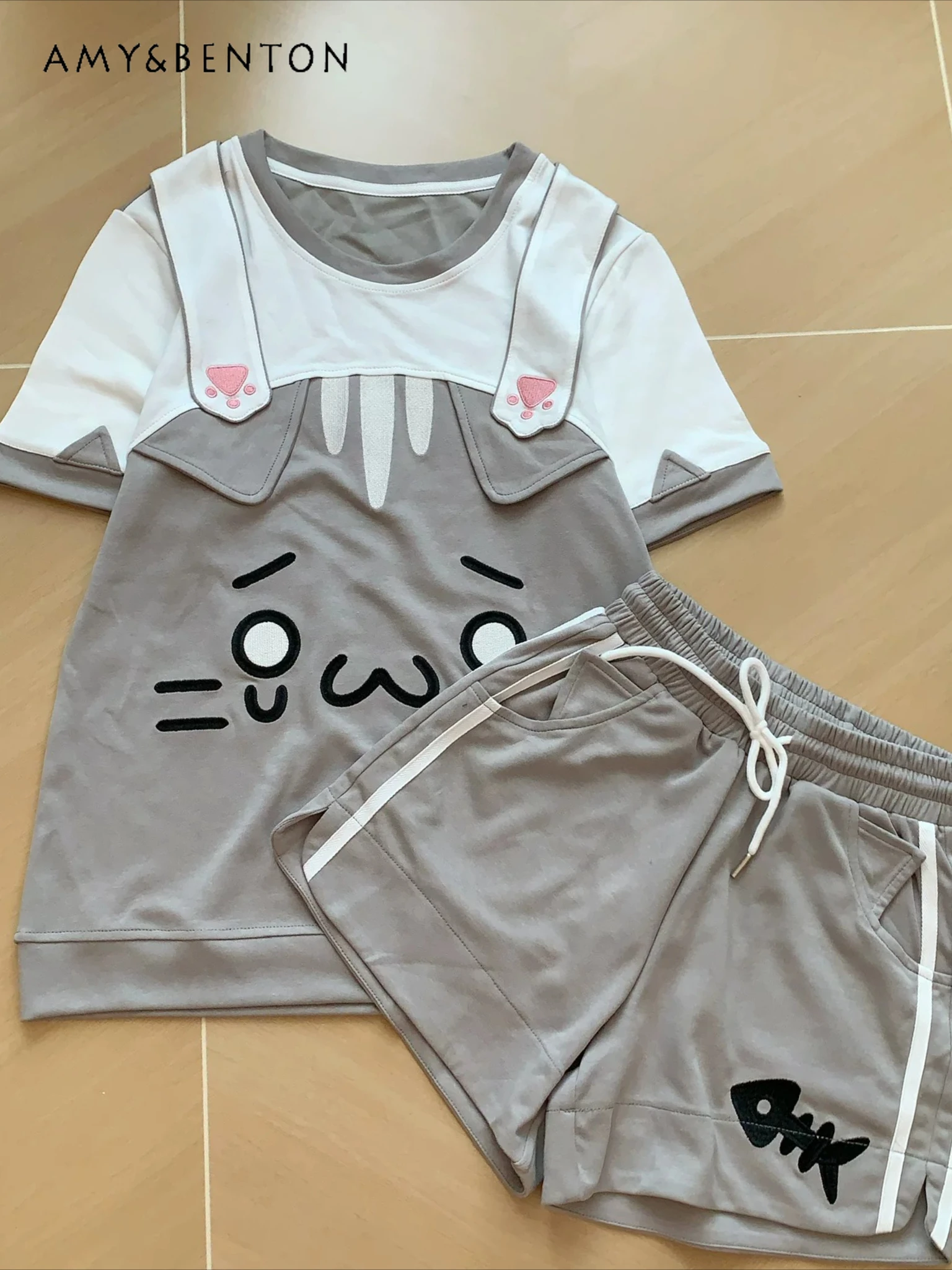 

Kawaii Cute Embroidery Splicing Color Short-sleeved Shorts Sets Summer Sweet Cool Girl Subculture Casual Versatile Two-piece Set