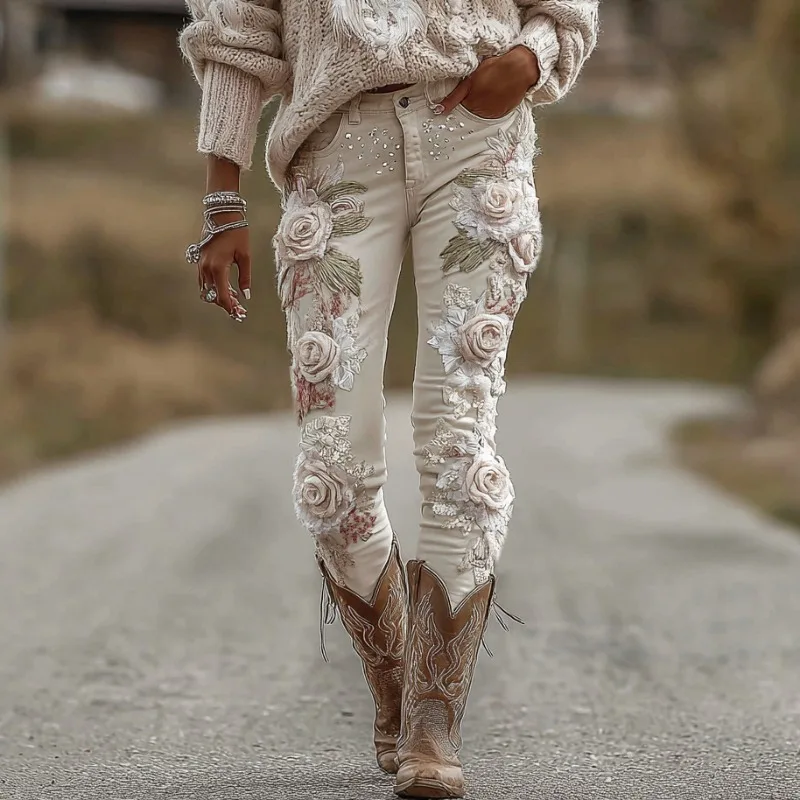 

European & American Style 3D Printed Straight Jeans, Women's Casual Floral Pattern Denim Trousers