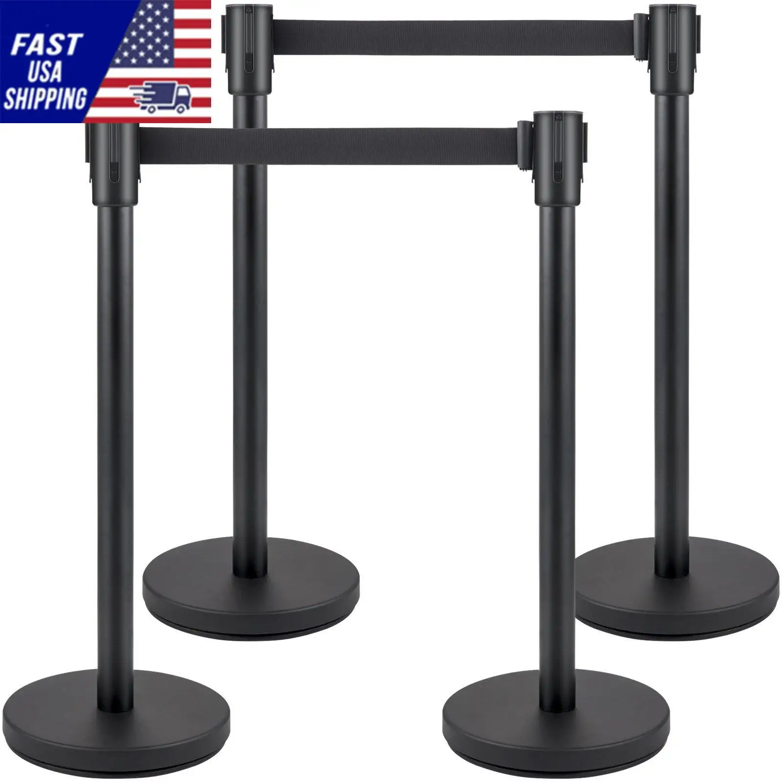 Crowd Control Stanchion, Set of 4 Pieces Stanchion Set, Stanchion Set with 6.6 ft/2 m Black Retractable Belt, Black Crowd