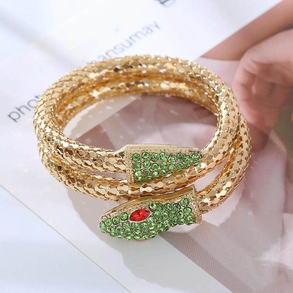 Retro Bracelet Snake Shape Rhinestone Decor Bangle Double-layer Alloy Luster Halloween Christmas Wrist Jewelry Arm Cuff 뱀 팔찌