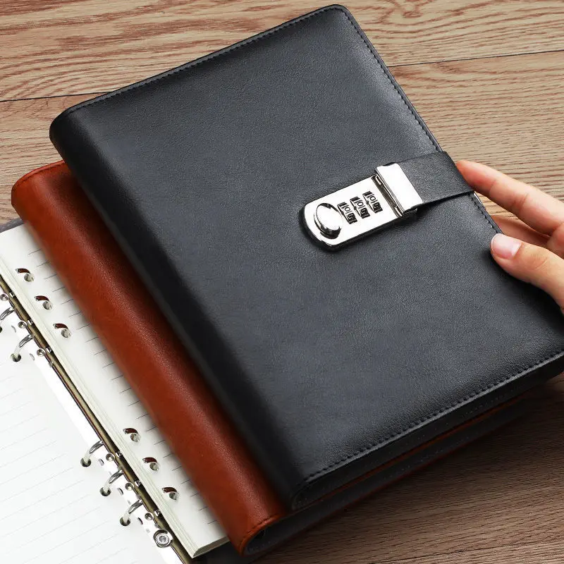 PU Leather A5 Loose Leaf Notebook with Combination Lock 160 Pages Thick Ruled Paper Business Meeting Journal for Office Note