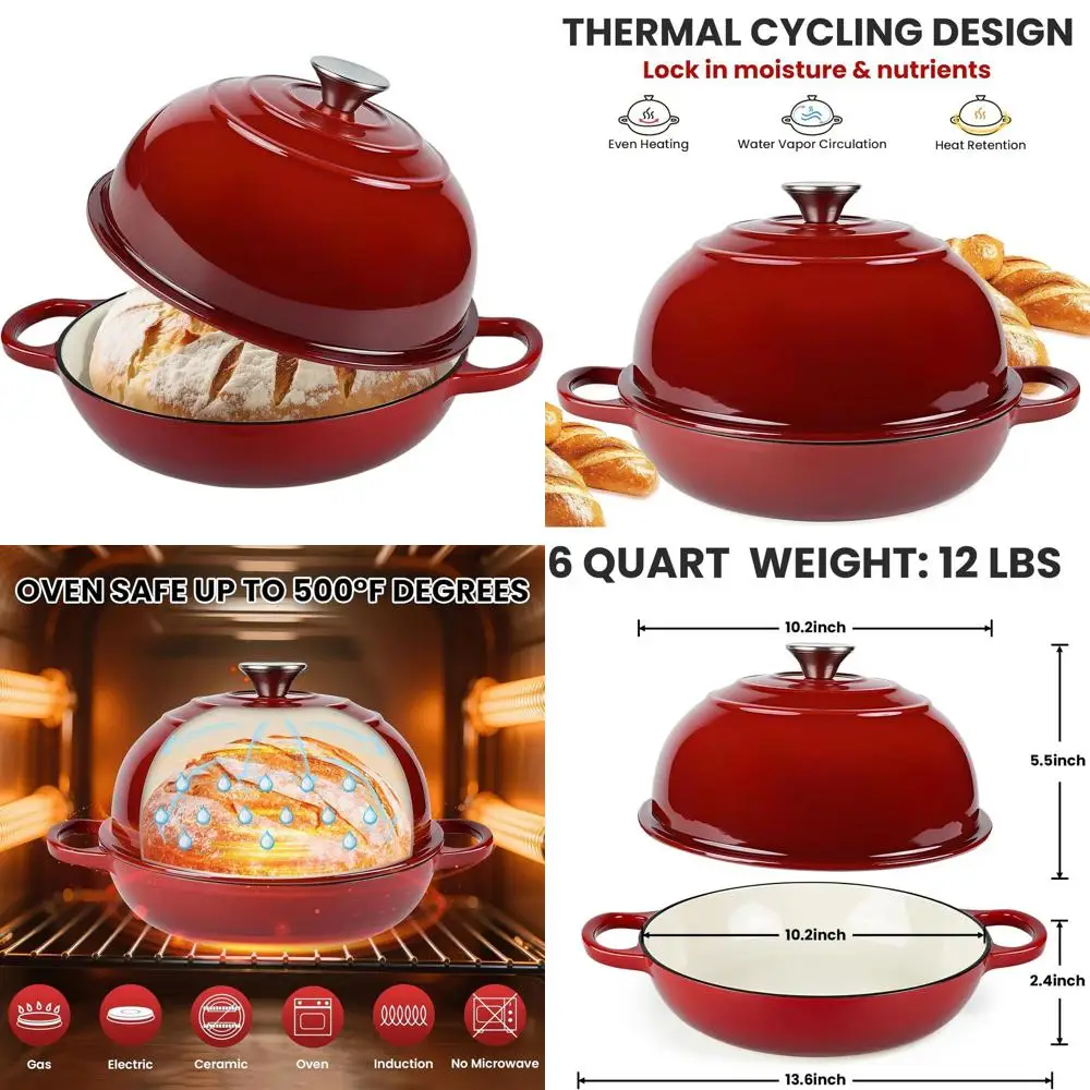 

Enameled Cast Iron Bread Pot with Dome Lid, Oven-Safe up to 500°F, 6 Quart, Red