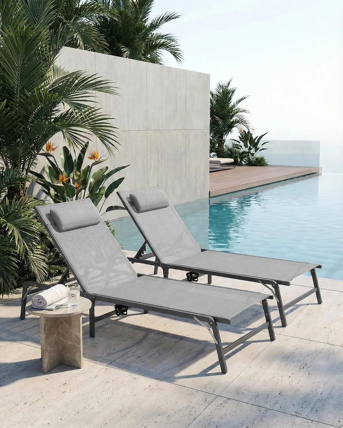 2 Pack Foldable Chaise Lounge Chair with Cup Holder, Assemble-Free Outdoor Lounge Chair with Detachable Pillow, Customized