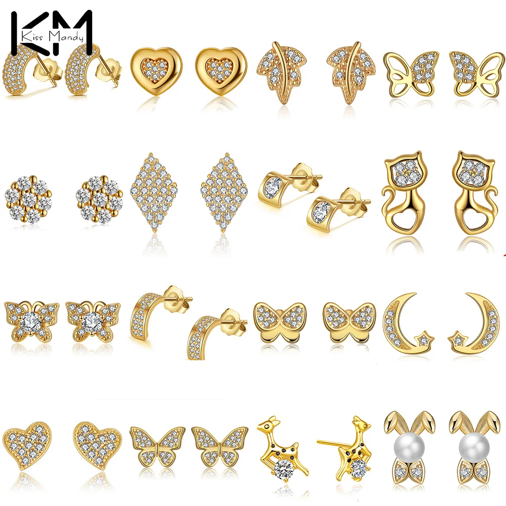 

KISS MANDY Real 925 Sterling Silver 14K Gold Butterfly Heart Rabbit Cat Leaf Zircon Stud Earrings For Women Jewelry Gifts APE02