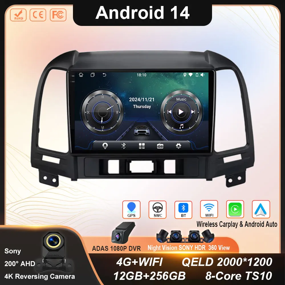 Android 14 Carplay Auto For Hyundai Santa Fe 2 2006 2007 2008 2009 2010 2011 2012 Car Radio Multimedia Player Stereo 4G WIFI BT