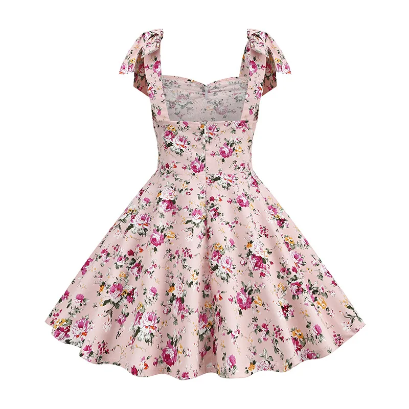 Kinder Volwassen Vintage Halter Hals Jurk 50S Audrey Retro Mouwloze Bloemen Ruches Swing Party Jurken A-Line Bruiloft Casual Midi