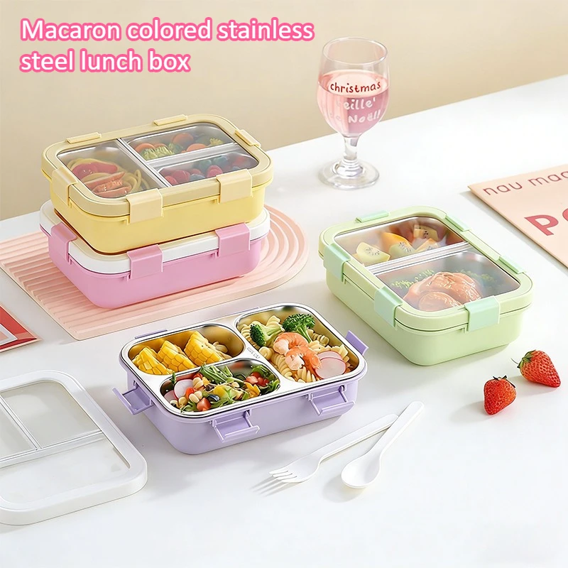 Macaron Color Stainless Steel Lunch Box – Leakproof 3-Compartment Bento Box, Odor-Free & Aesthetic for School, Office, Adults ﻿